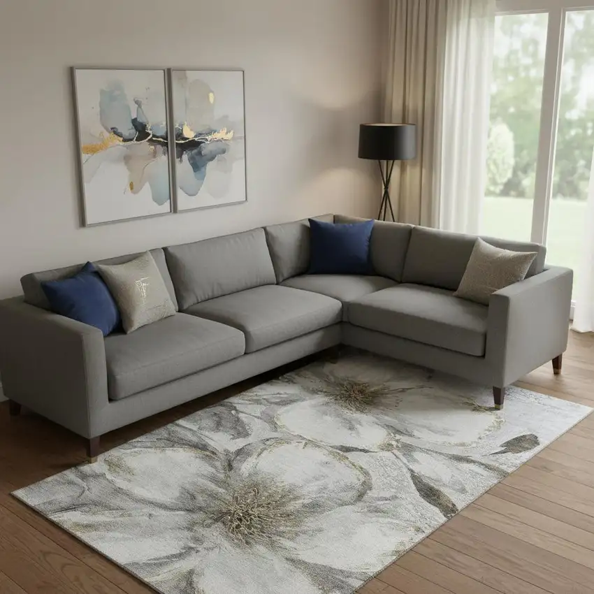 Silver And Gray Floral Washable Area Rug With UV Protection Photo 2