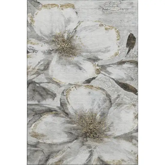 Silver And Gray Floral Washable Area Rug With UV Protection Photo 1