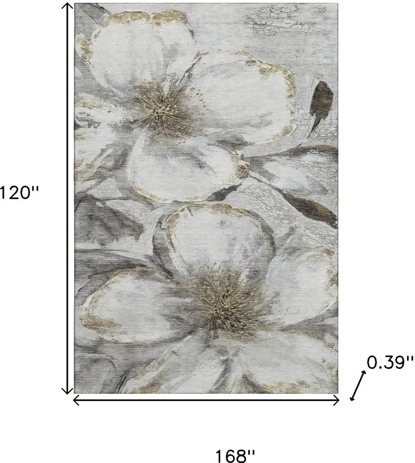 Silver And Gray Floral Washable Area Rug With UV Protection Photo 9
