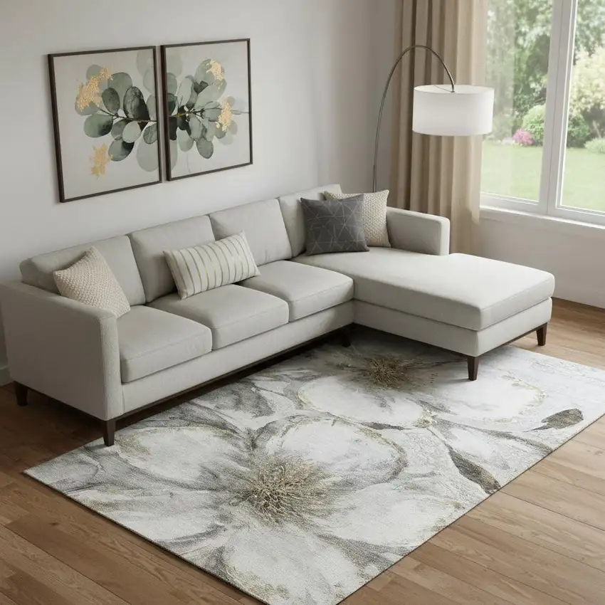 Silver And Gray Floral Washable Area Rug With UV Protection Photo 2