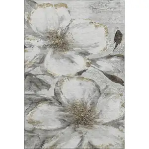 Photo of Silver And Gray Floral Washable Area Rug With UV Protection