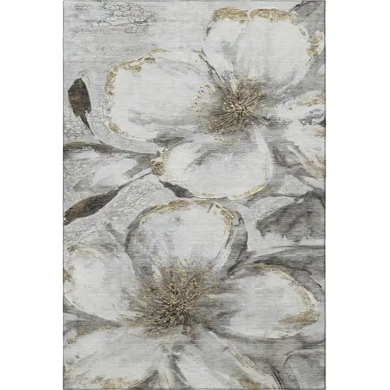 Silver And Gray Floral Washable Area Rug With UV Protection Photo 4