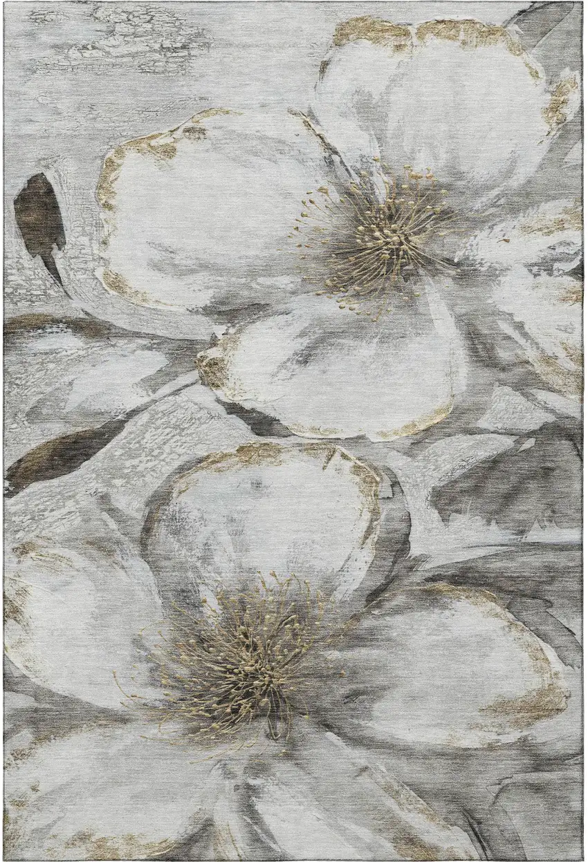Silver And Gray Floral Washable Area Rug With UV Protection Photo 4