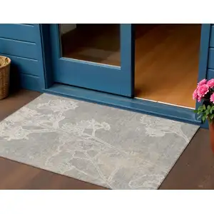 Photo of Silver And Gray Floral Washable Indoor Outdoor Area Rug