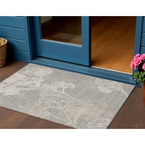 Silver And Gray Floral Washable Indoor Outdoor Area Rug Photo 1