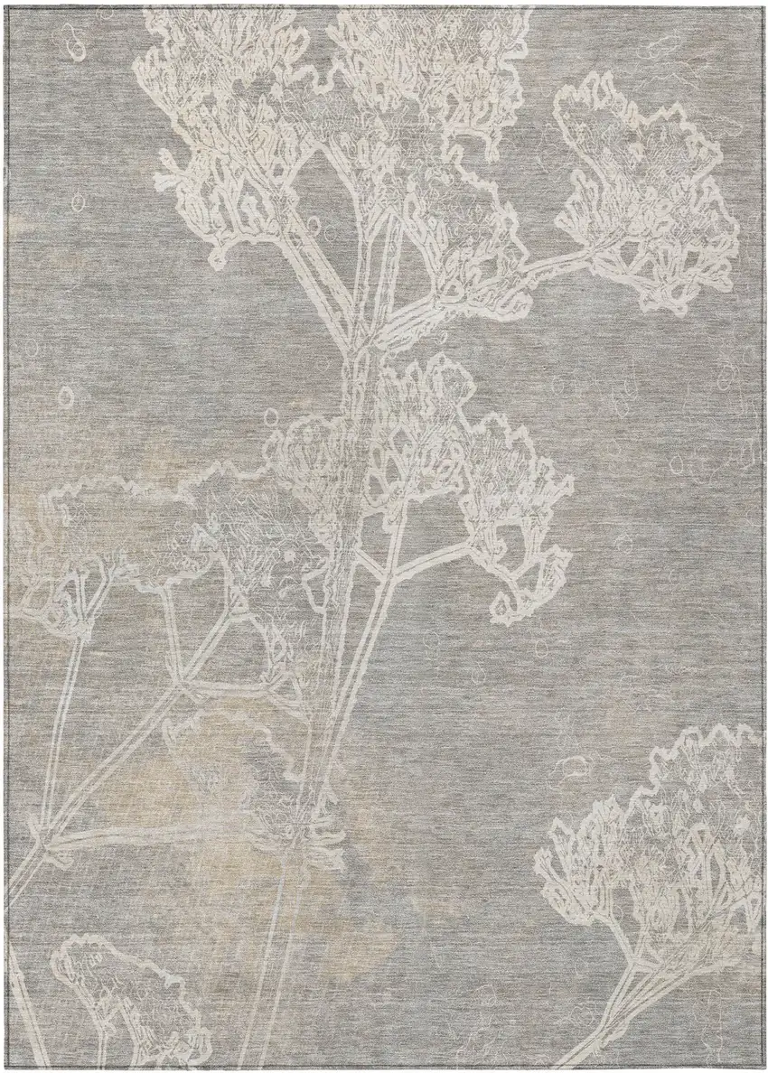Silver And Gray Floral Washable Indoor Outdoor Area Rug Photo 2