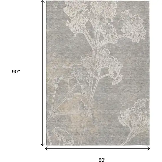Silver And Gray Floral Washable Indoor Outdoor Area Rug Photo 3