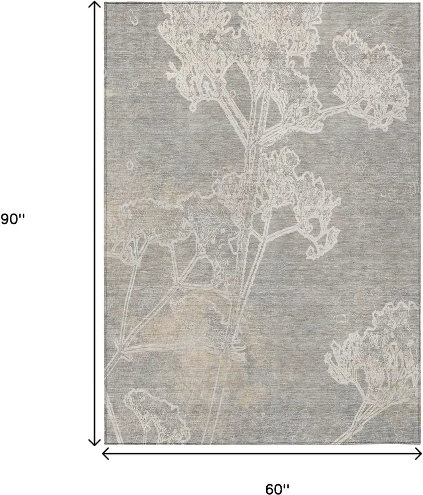 Silver And Gray Floral Washable Indoor Outdoor Area Rug Photo 3