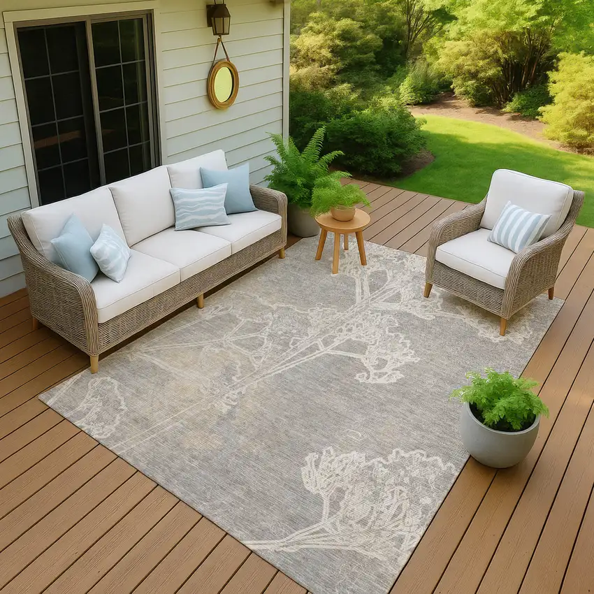 Silver And Gray Floral Washable Indoor Outdoor Area Rug Photo 7