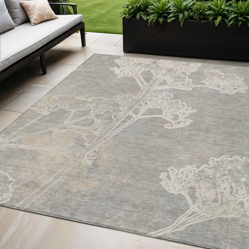 Silver And Gray Floral Washable Indoor Outdoor Area Rug Photo 1