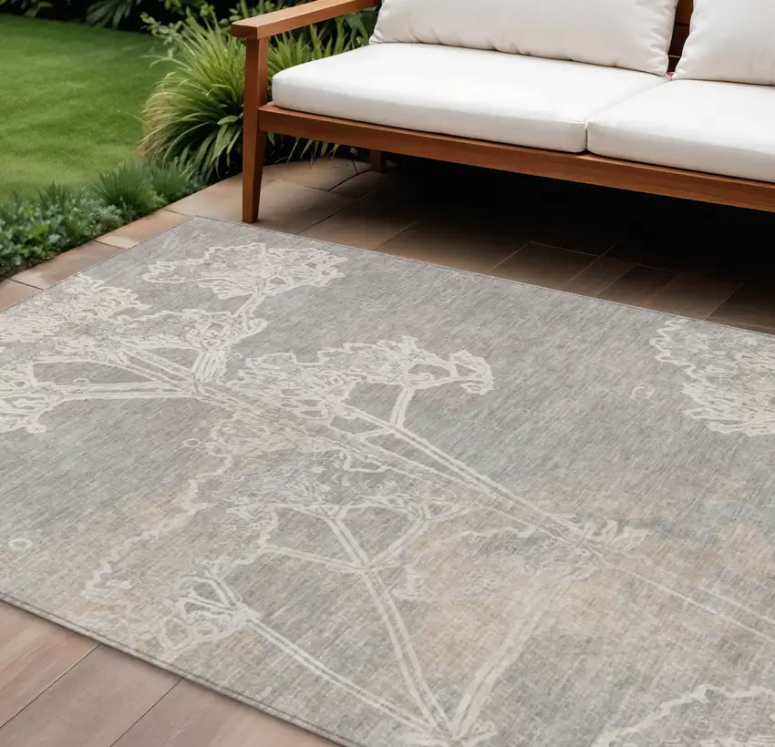 Silver And Gray Floral Washable Indoor Outdoor Area Rug Photo 1