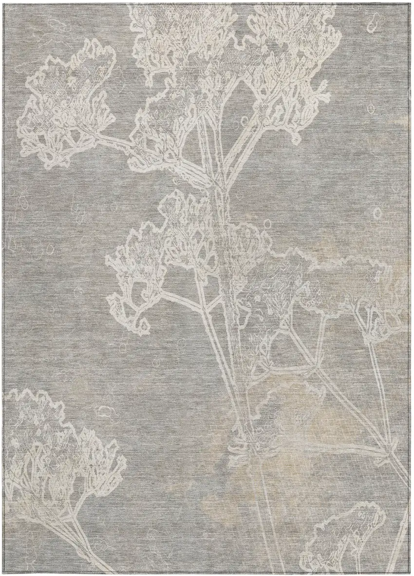 Silver And Gray Floral Washable Indoor Outdoor Area Rug Photo 5