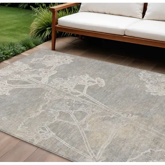 Silver And Gray Floral Washable Indoor Outdoor Area Rug Photo 1