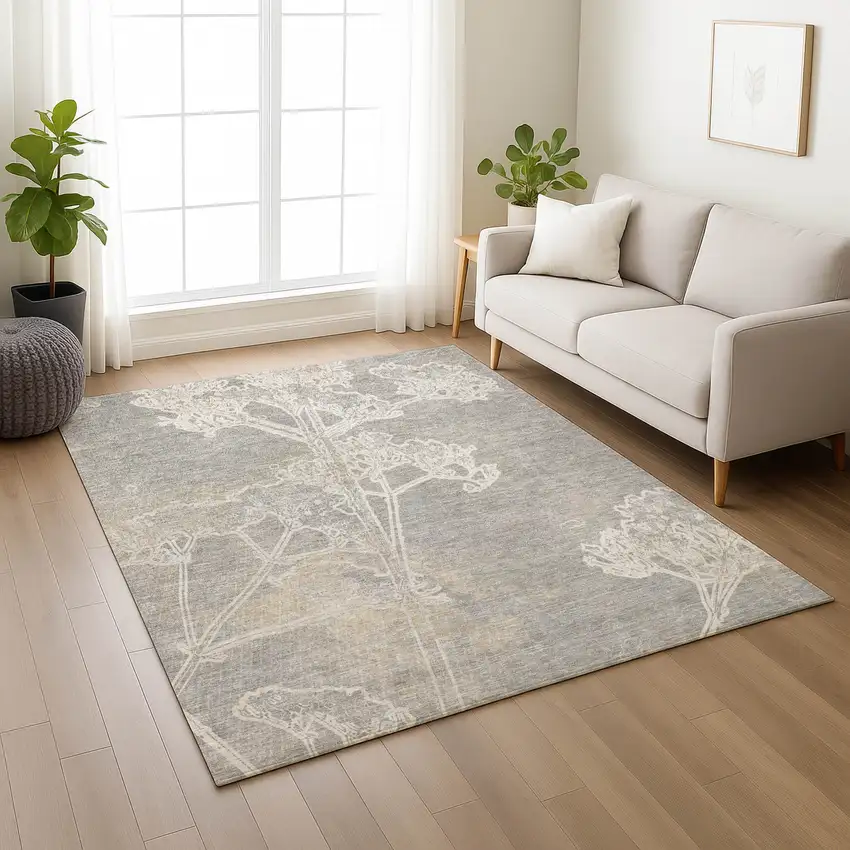 Silver And Gray Floral Washable Indoor Outdoor Area Rug Photo 7