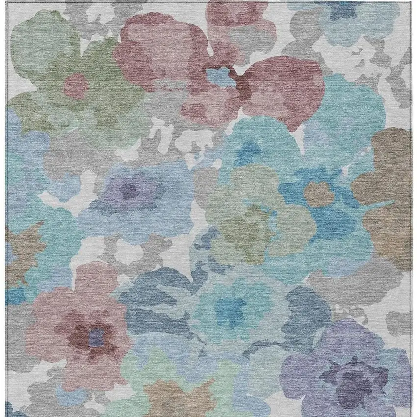 Silver And Gray Floral Washable Indoor Outdoor Area Rug Photo 3