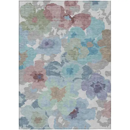 Silver And Gray Floral Washable Indoor Outdoor Area Rug Photo 1