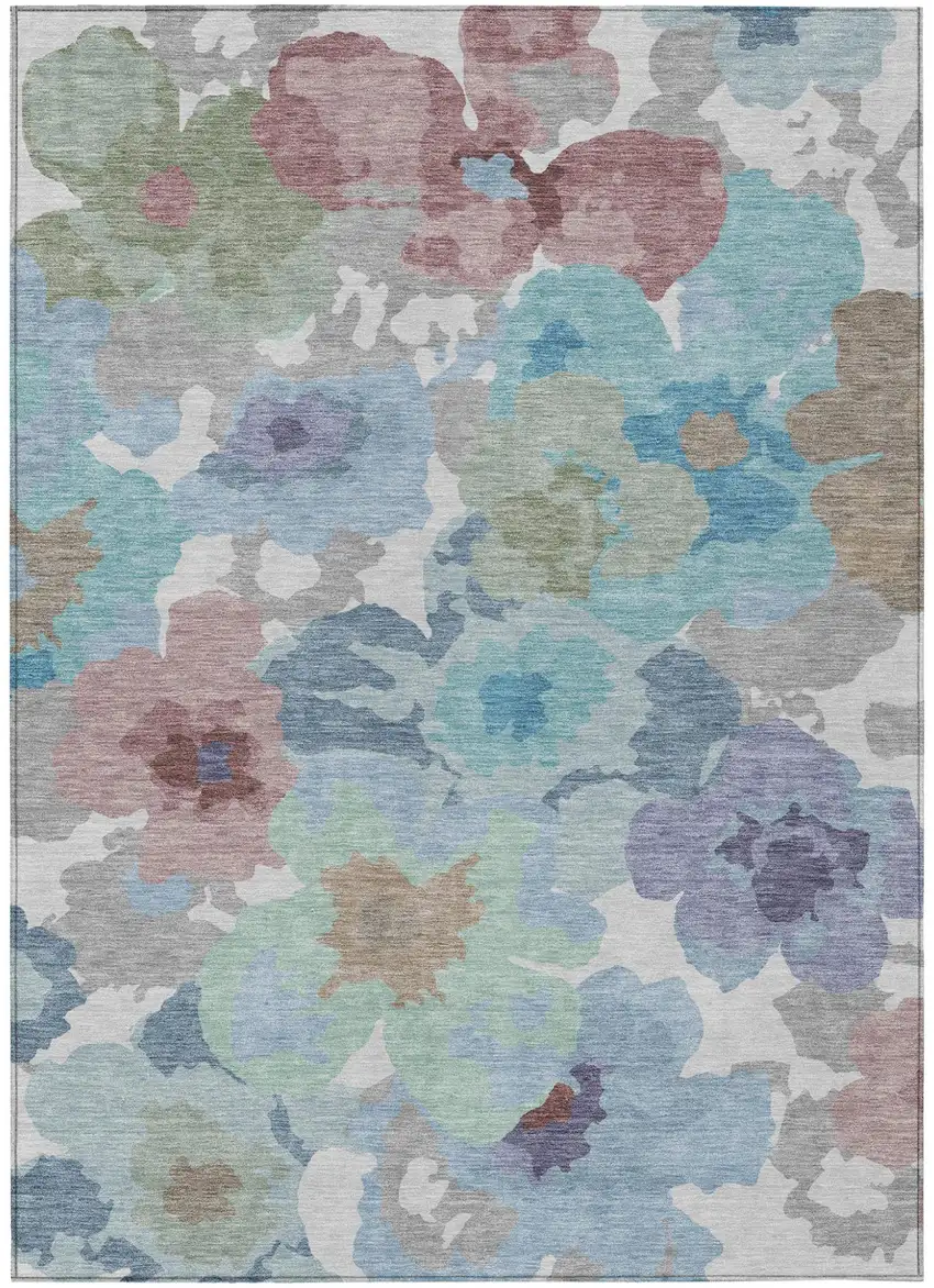 Silver And Gray Floral Washable Indoor Outdoor Area Rug Photo 1