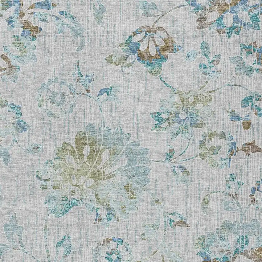 Silver And Gray Floral Washable Indoor Outdoor Area Rug Photo 2