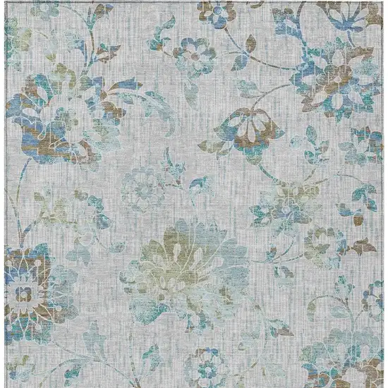 Silver And Gray Floral Washable Indoor Outdoor Area Rug Photo 3