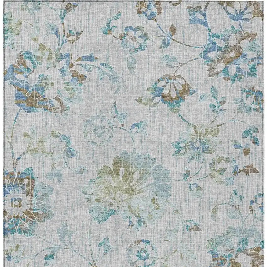 Silver And Gray Floral Washable Indoor Outdoor Area Rug Photo 3