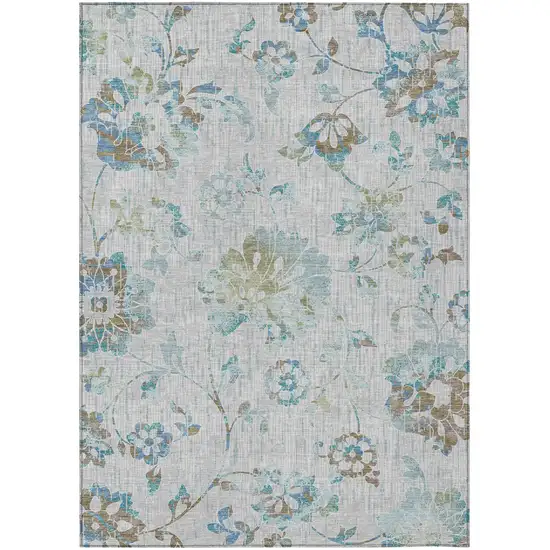 Silver And Gray Floral Washable Indoor Outdoor Area Rug Photo 1