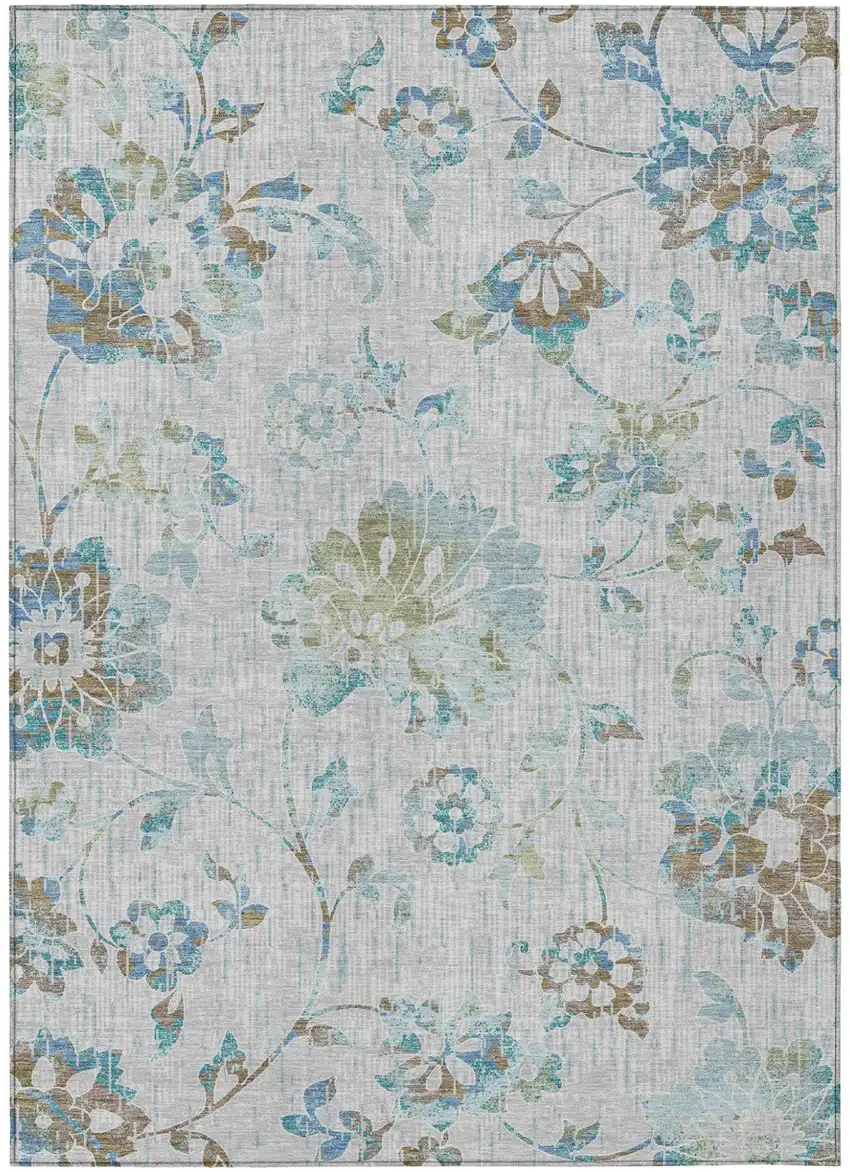 Silver And Gray Floral Washable Indoor Outdoor Area Rug Photo 1