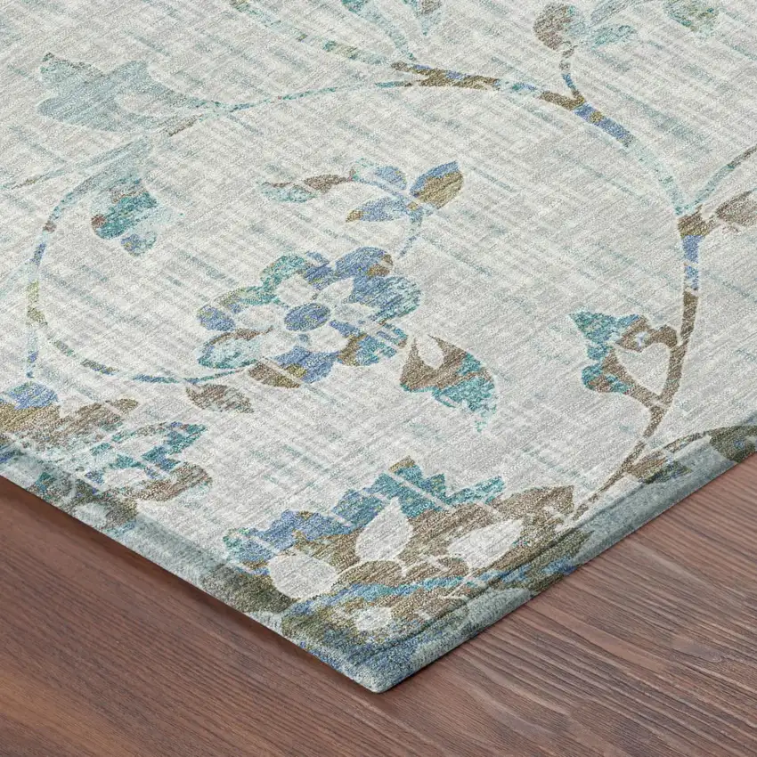 Silver And Gray Floral Washable Indoor Outdoor Area Rug Photo 4