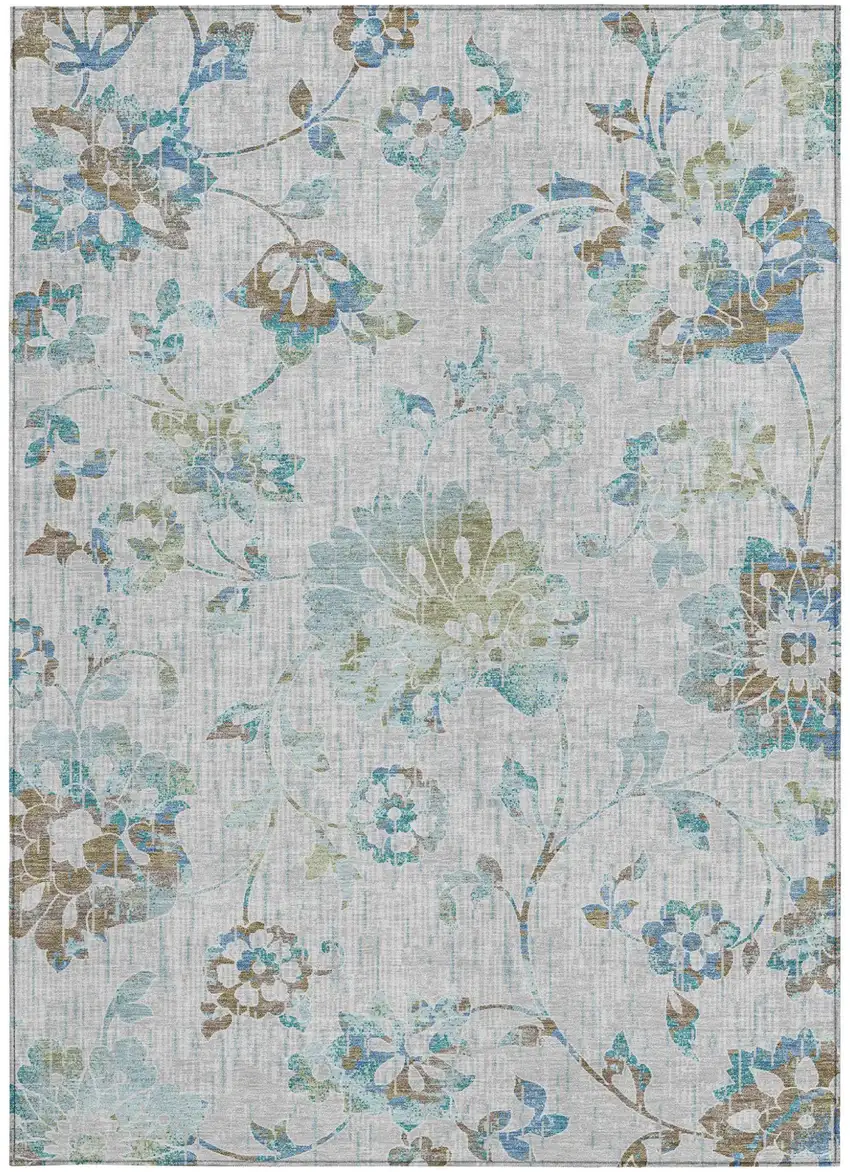 Silver And Gray Floral Washable Indoor Outdoor Area Rug Photo 3