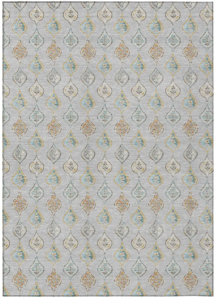 Silver And Gray Floral Washable Indoor Outdoor Area Rug Photo 1