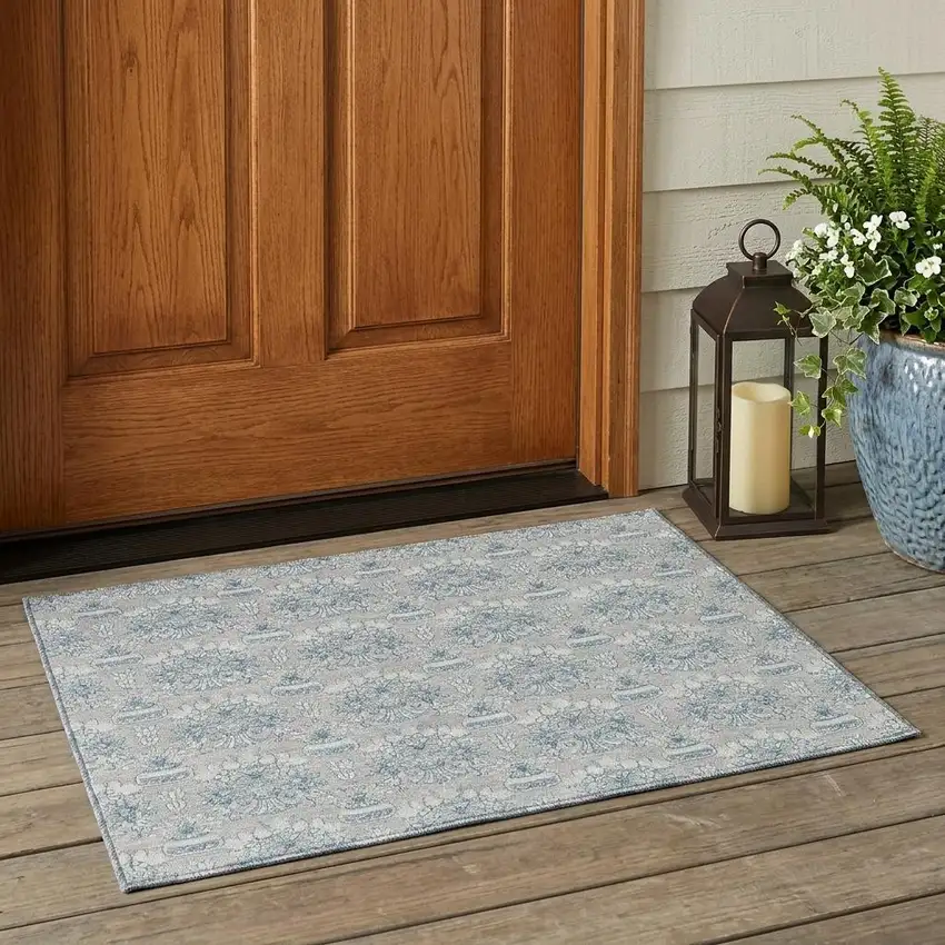 Silver And Gray Floral Washable Indoor Outdoor Area Rug Photo 1