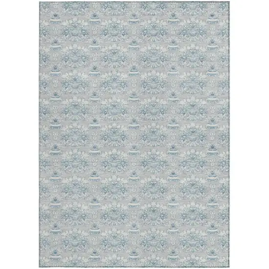 Silver And Gray Floral Washable Indoor Outdoor Area Rug Photo 3