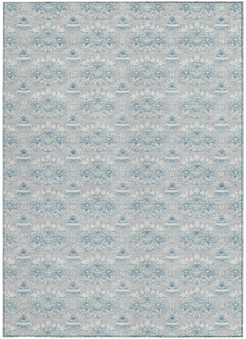 Silver And Gray Floral Washable Indoor Outdoor Area Rug Photo 3