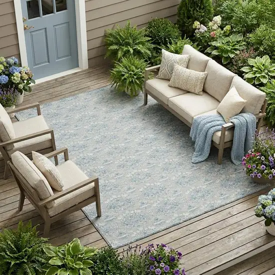 Silver And Gray Floral Washable Indoor Outdoor Area Rug Photo 1