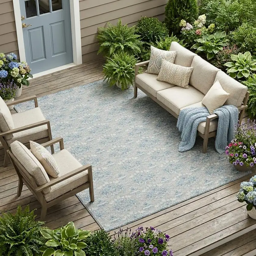 Silver And Gray Floral Washable Indoor Outdoor Area Rug Photo 1