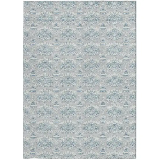 Silver And Gray Floral Washable Indoor Outdoor Area Rug Photo 4