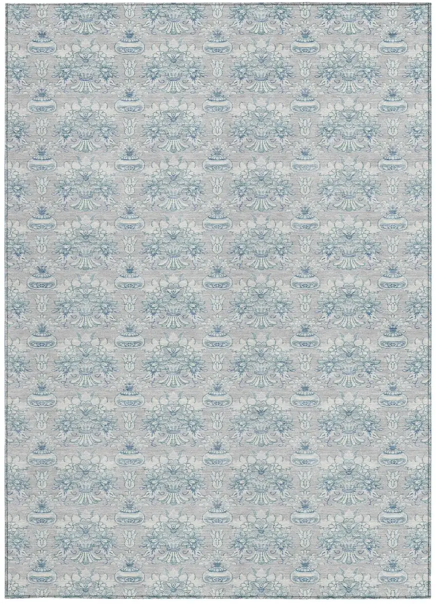 Silver And Gray Floral Washable Indoor Outdoor Area Rug Photo 4