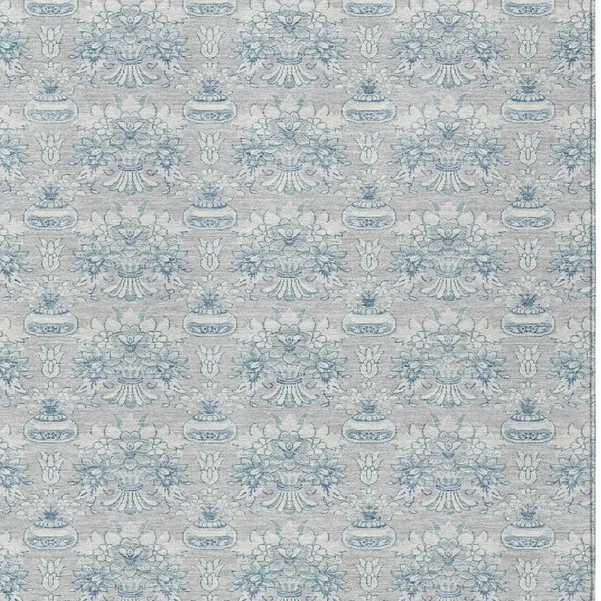 Silver And Gray Floral Washable Indoor Outdoor Area Rug Photo 5