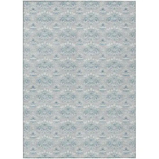 Silver And Gray Floral Washable Indoor Outdoor Area Rug Photo 2