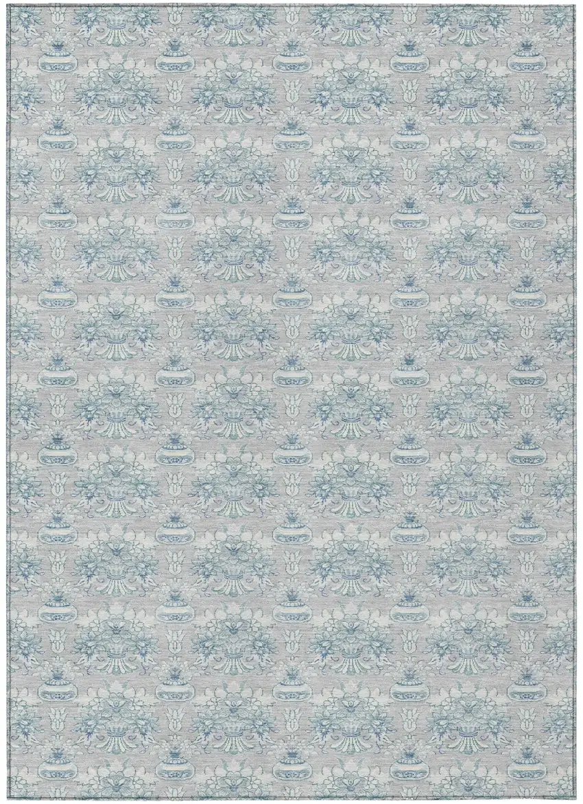 Silver And Gray Floral Washable Indoor Outdoor Area Rug Photo 2