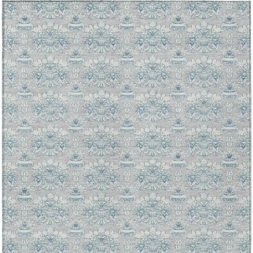 Silver And Gray Floral Washable Indoor Outdoor Area Rug Photo 4
