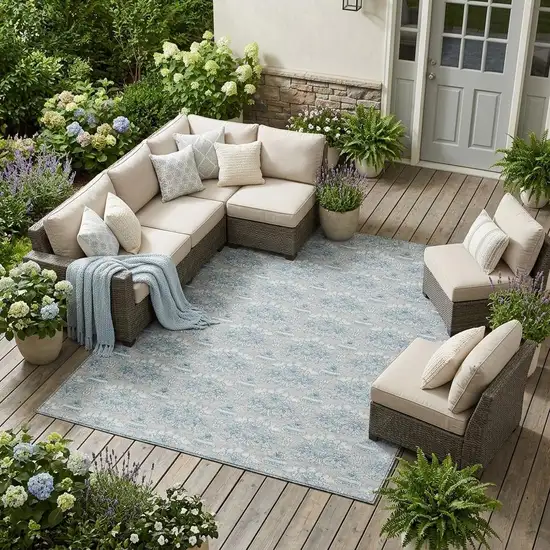 Silver And Gray Floral Washable Indoor Outdoor Area Rug Photo 1