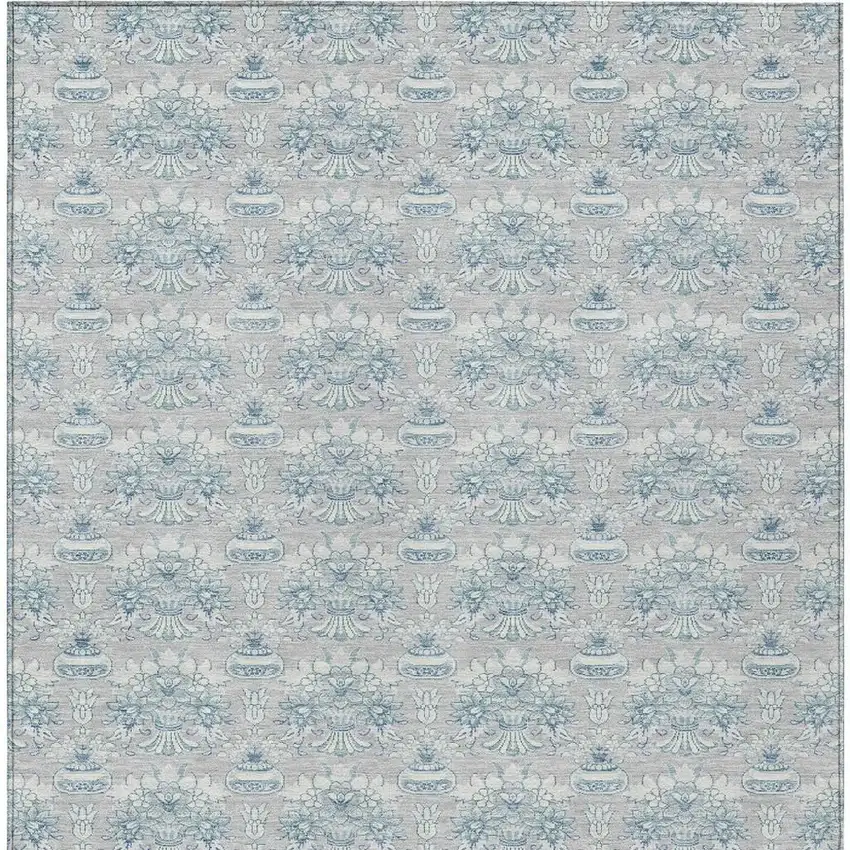 Silver And Gray Floral Washable Indoor Outdoor Area Rug Photo 6