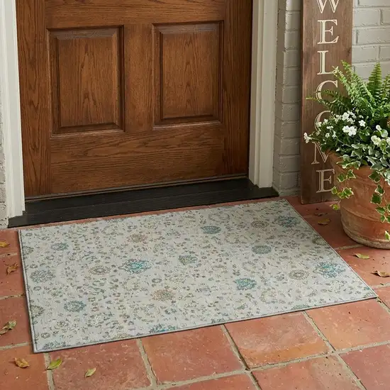 Silver And Gray Floral Washable Indoor Outdoor Area Rug Photo 1