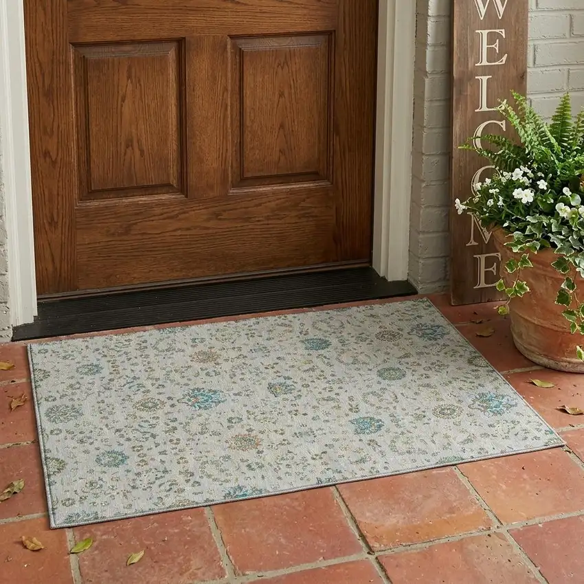 Silver And Gray Floral Washable Indoor Outdoor Area Rug Photo 1