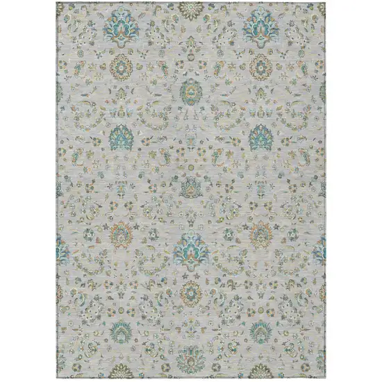 Silver And Gray Floral Washable Indoor Outdoor Area Rug Photo 2