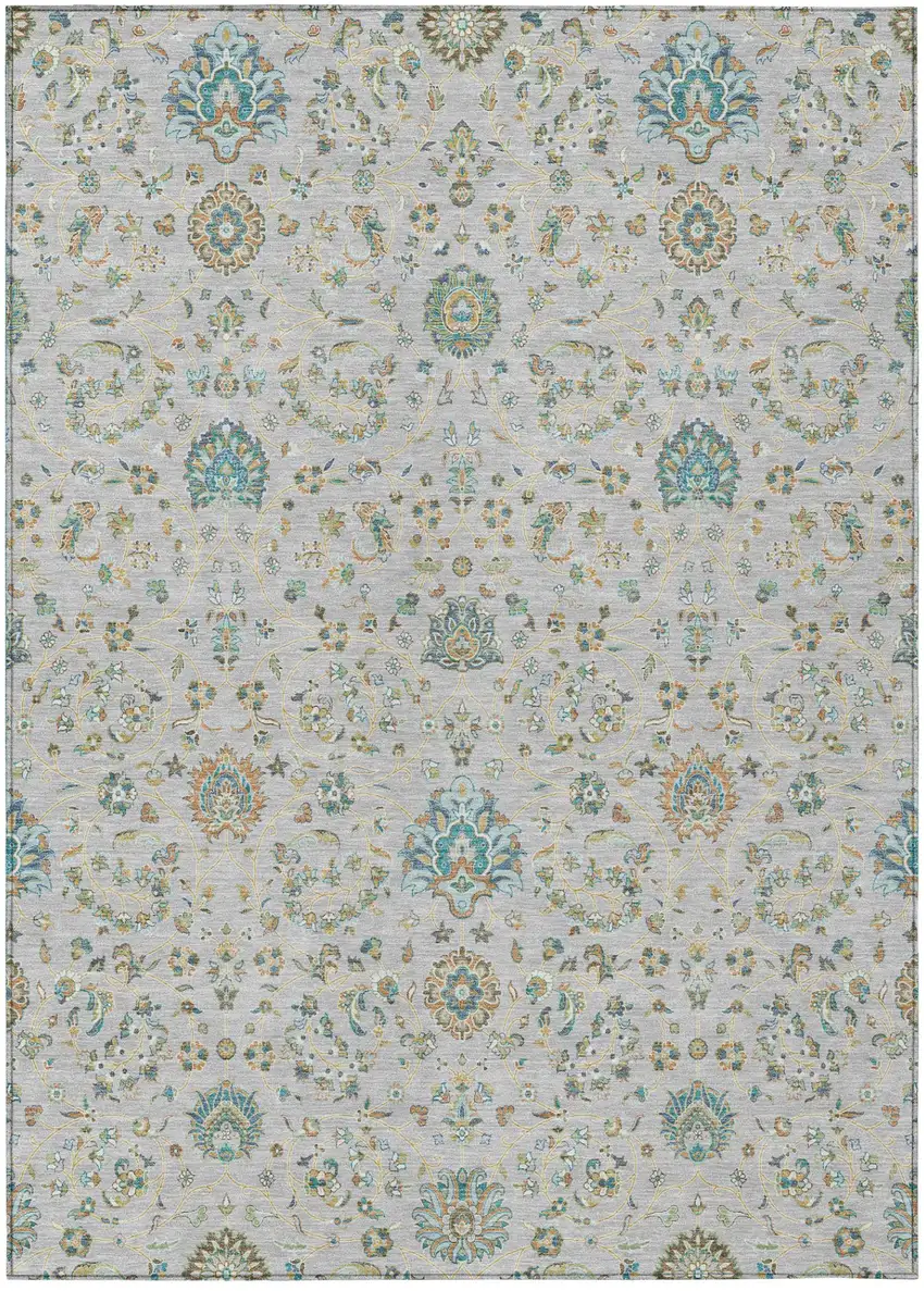 Silver And Gray Floral Washable Indoor Outdoor Area Rug Photo 2