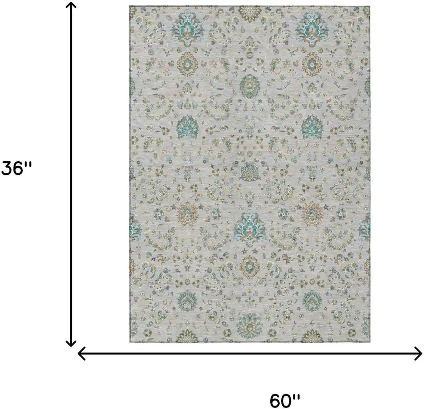 Silver And Gray Floral Washable Indoor Outdoor Area Rug Photo 5