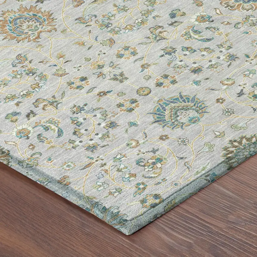 Silver And Gray Floral Washable Indoor Outdoor Area Rug Photo 3