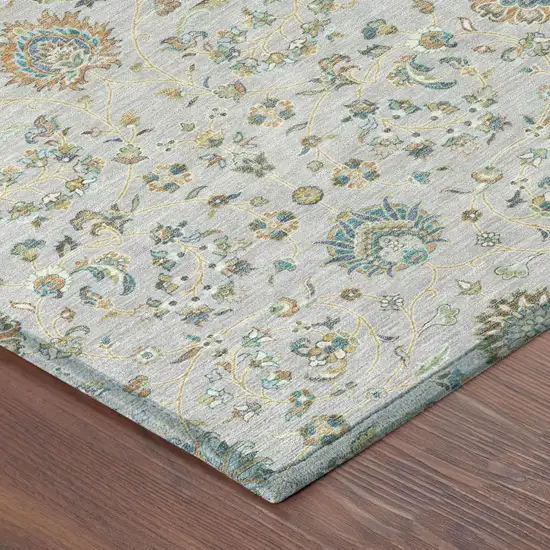 Silver And Gray Floral Washable Indoor Outdoor Area Rug Photo 3