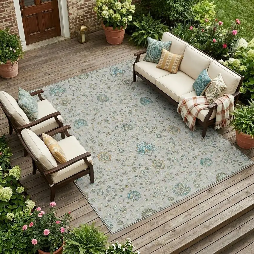 Silver And Gray Floral Washable Indoor Outdoor Area Rug Photo 1